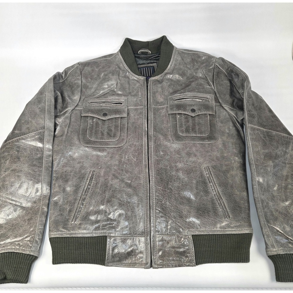 Vintage Distressed Grey Real Leather Bomber Jacket Quilted Lining Mens Small